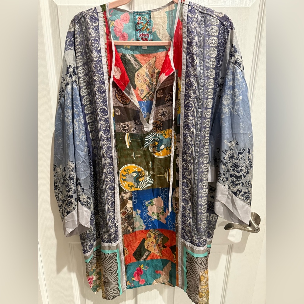 Johnny Was Colorful Patterned 100% silk Kimono Top
